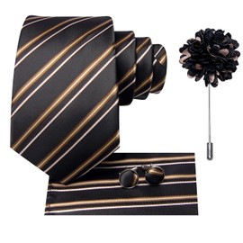 Hi-Tie Stripe Ties with Lapel Flower for Men Silk Black Brown Necktie Pocket Square Cufflinks for Tuxedo Wedding Business