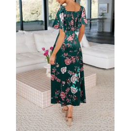 Fashionme 2025 Maxi Womens Dresses Deep V Neck Elegant Bow Tie Front Short Sleeve Summer Casual Floral Satin Smocked Sun Dress Wedding Guest Graduation Vacation Beach Tea Party Dark Green