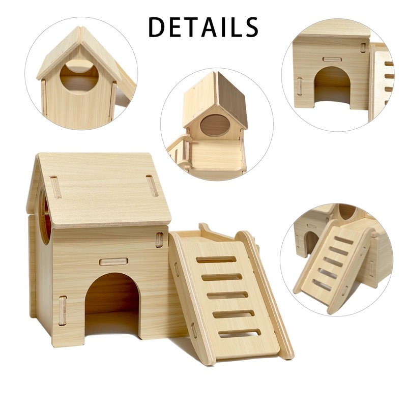 Wood Hamster House Set of 2 Tiny Wooden Hideout Castle