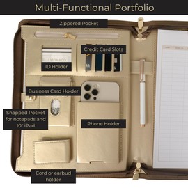 BLU MONACO Brown Vegan Leather Portfolio Binder for Women - Professional Padfolio Work Organizer with Gold Trim, Zippered Business Case for Documents