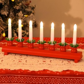 Lewondr Christmas Swedish Candelabra, Electric Candles with 7 Flameless Taper Candles, Wooden Candle Bridge Light with USB Powered, Decorative Xmas Candle Lights for Window Christmas Party Wedding,Red