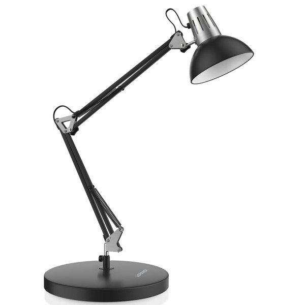LEPOWER Metal Desk Lamp, Adjustable Goose Neck Architect Table Lamp with On/Off Switch, Swing Arm Desk Lamp with Clamp, Eye-Caring Reading Lamp for Bedroom, Study Room &Office (Black)