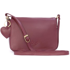Gigi - Women's Small Leather Crossbody Bag - Flap Over Organiser Handbag - Multiple Pockets - With Heart Keyring Charm - OTHELLO 14578 - Burgundy
