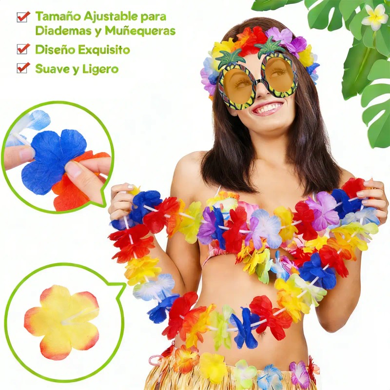 Disfraz Hawaiano Mujer Falda Gafas Collar Tropicales Fiesta