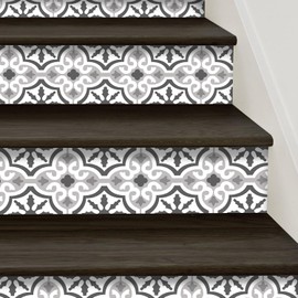 funlife 10PCS Peel and Stick Moroccan Pattern Vinyl Stair Riser Decals, Self Adhesive Retro Decorative Stair Riser Stickers, 39.37"x7.09" Grey White Moroccan Floral