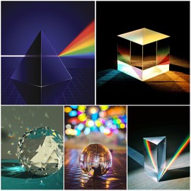 Supkiir 5 Pack K9 Optical Crystal Photography Prism Set with Crystal Ball Glass Triangular Prism Cube Lens Prism Ball and Optical Pyramid, Portable Rainbow Prism for Photos and Teaching Light Spectrum