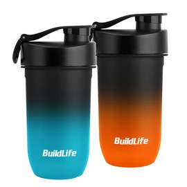 BuildLife Shaker Bottle 2 Pack, 600ML Tritan Protein Shaker Water Bottle, Shakes Cup with Strainer for Protein Powder Supplement Smoothie Quiet Mixing, Dishwasher Safe (BlackBlue+BlackOrange)