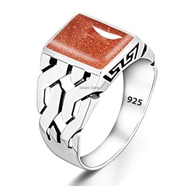 Sunstone Solid 925 Sterling Silver Rectangle Shape Gemstone Men Signet Rings, Beautiful Handcrafted Anniversary, Christmas Gift for Fathers, Son, Boyfriend, Friend (US Ring size 10)