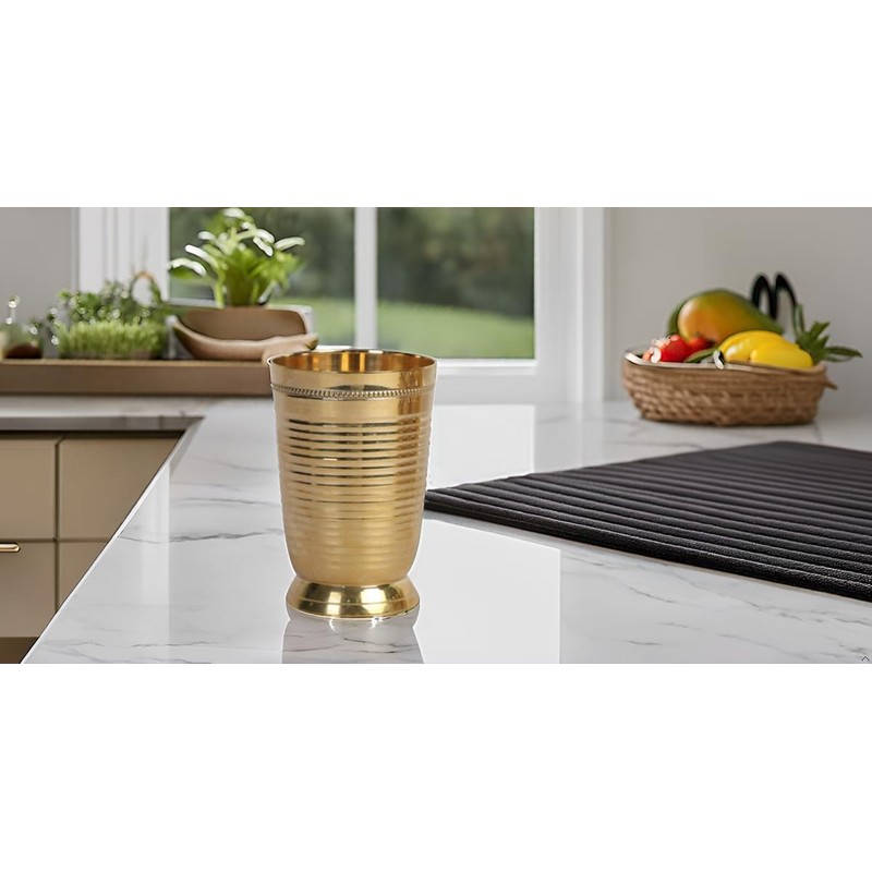HANDTECHINDIA Pure Brass Glass Tumbler 250 ML with Beautiful Design,