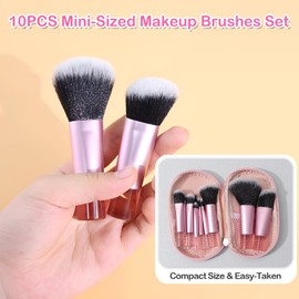 Kingtree Mini Makeup Brushes 10Pcs Travel Makeup Brush Set, Portable ON THE GO Makeup Brushes Set with Pouch, Pink Easy-taken Mini Full Complete Function Cosmetic Brushes Kit for Girls
