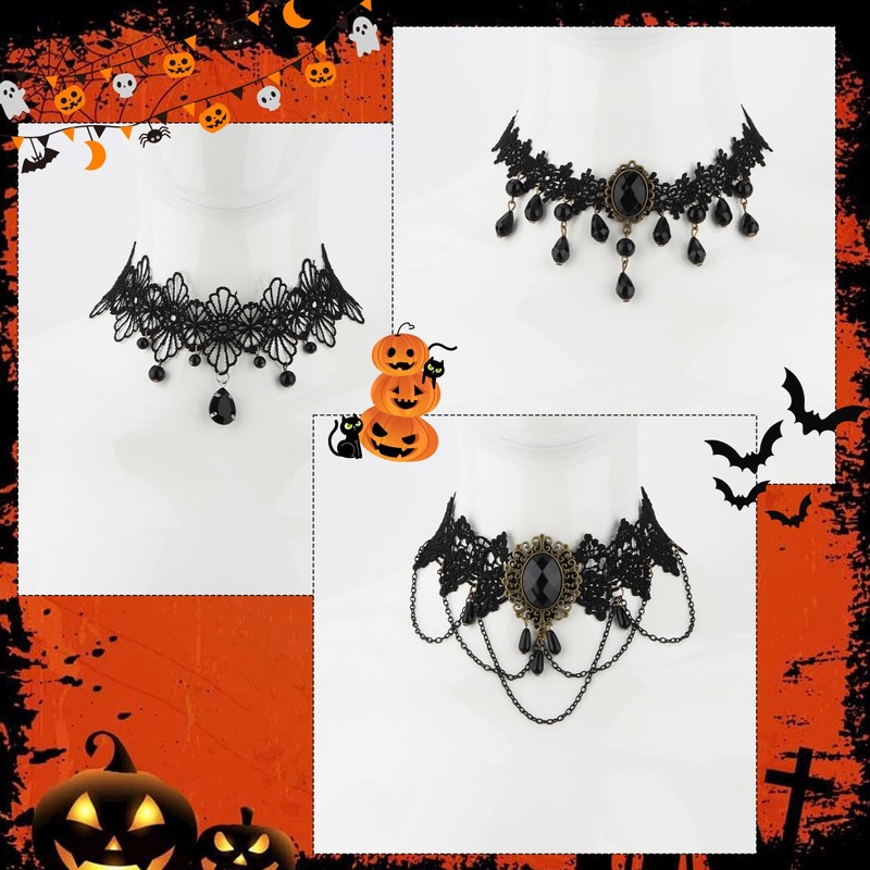 Uintoon 6PCS Black Gothic Lace Choker Necklace Set for Women