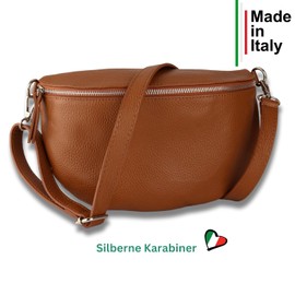 MIRROSI® Women's Bum Bag, Genuine Leather, Made in Italy, Shoulder Bag, Chest Bag, Crossbody Bag (1 Bag & 2 Straps), Cognac (Bohemian Brown Beige), Bohemian