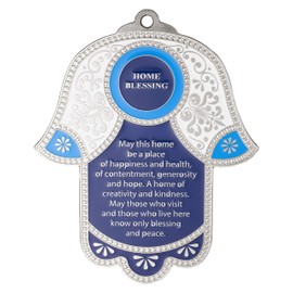 Hamsa Wall Decor Red/Blue Evil Eye Charm Protection Amulet Home/Business Good Luck Charms in English/Hebrew Blessings (Blue/White, English Blessing)