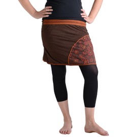 Vishes - Alternative Clothing - Printed and Embroidered Cotton Skirt with Flowers and Trouser Pockets, brown