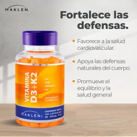 D3 + K2 | Vitamina D3 + K2 + Omega 3 | 180 Cápsulas | Maklen