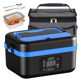 Cordless Electric Lunch Box, Battery Powered Heated Lunch Boxes, 1 Liter Food Insulated Food Warmer Box with Fork and Spoon Insulated Carrying Pouch for Truck Drivers Blue Collar and Adults