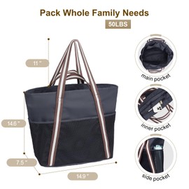 F-color Waterproof Beach Bags for Women - Machine Washable Travel Tote Bag with Zipper Cruise Swim Vacation Essentials, Black, Medium, Casual