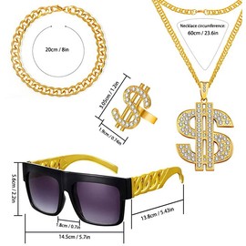 Set of 4 Golden Costume for Men with Hip-Hop Costumes, Rapper Chains, Dollar Ring and Dollar Sign Accessories - Perfect for Gangster Costumes of the 80s