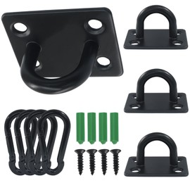 LifCratms 4 PCS Black Square Stainless Steel Ceiling Hooks Heavy Duty Pad Eye Plates + 4 Snap Hooks, with Plastic Expansion Tubes and Screws - Indoor/Outdoor
