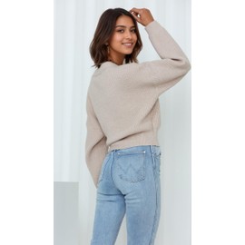 Women's V-Neck Wrap Sweater, Long Sleeve Ribbed Knit Top, Casual Cropped Pullover with Side Tie (US, Alpha, Small, Regular, Regular, Beige)