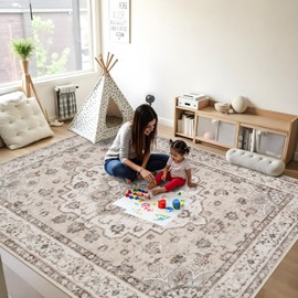 Washable 8x10 Large Area Rug: Oriental Stain Resistant Rugs for Living Room Medallion Non-Slip Carpet for Dining Room Soft Distresses Floor Mat for Bedroom Home Office 8x10 Cream/Beige