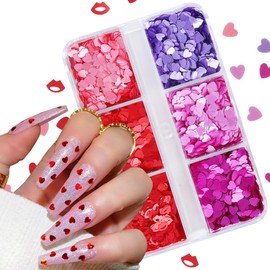 6Grids Valentine's Day Nail Art Glitter Sequins Kits - 3D Heart Nail Glitters Valentine Nail Stickers Decal for Shining Flakes Red Pink Purple Heart Shaped Nail Design for Manicure Charms Decorations