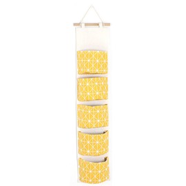 TopHomer 1Pcs 5 Pockets Wall Hanging Storage Bag, Waterproof Over the Door Closet Organizer Linen Fabric Hanging Pocket Organizer for Bedroom, Bathroom(Yellow Square)