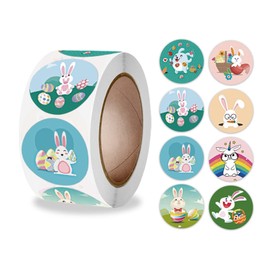 500 PCS Cute Easter Bunny Stickers - Diameter 1.5'' Large, 1 Roll of 8 Colors | Waterproof Self-Adhesive Rabbit Pattern Stickers for Holiday Party Cards Boxes Seal Envelopes