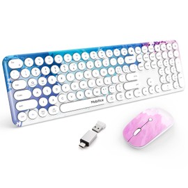 Mobifice Graffiti Blue 2.4G Cordless Full-Sized Computer Keyboard and Mouse Set Cute Wireless Keyboard Mouse Combo, with Colorful Retro Round Typewriter Keyboard for Windows, Laptop, Desktop, PC