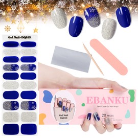 BANKU Christmas Semi Cured Gel Nail Strips,Glitter Blue Gel Nail Polish Strips Long Lasting Waterproof Full Nail Wraps Stickers with Stick, Nail File, Wipes & Sealing(UV/LED Lamp Required)