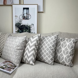 ZHAOMIMI Set of 4 Decorative Cushion Covers, Cotton Linen Cushion Cover, Double-Sided Print, Decorative Cushion, Sofa Cushion for Couch, Car, Bedroom, 45 x 45 cm (Grey)