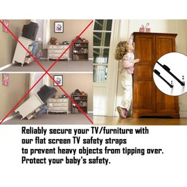 Adjustable Anti-tip TV Straps Safety for Flat Screen, Heavy Duty Dual Cable Metal Anchor for Baby Proofing & Pet Protecting, Anti-Tip TV and Furniture Anchor Straps kit, 4 Straps
