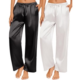 Ekouaer 2 Pack Womens Satin Pajama Pants Silk Sleep Lounge Pants Wide Leg Pj Bottom with Pockets Black and White Medium