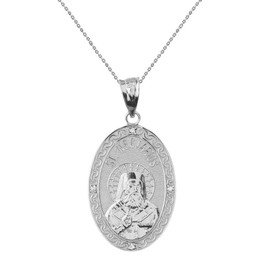 Sideways Crosses Sterling Silver Saint Nectarios of Aegina CZ Oval Medal Charm Pendant Necklace (1"), 20"