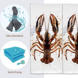 Turamurra Lobster Art Hand Towels - 2 Pack, 14.5" X 28", Soft Microfiber Polyester Bath Towel Set with Oceanic Lobster, for Bathroom Kitchen Spa Hotel Decor Gifts for Women
