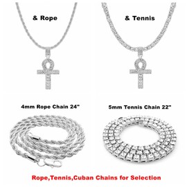 HH Bling Empire Mens Iced Out Hip Hop Gold Artificial Diamond Ankh Cross Pendant cz Tennis Chain 22 Inch(Silver Tennis & Ankh H)