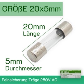 ESKA 2.5 A Fine Fuses 5 x 20 mm Glass Fuse Slow Release Pattern for 220 V / 230 V / 250 V AC | G Fuse Inserts | Pack of 10 | Eska No. 522.500