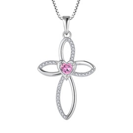JIWOY Celtic Knot Cross Necklace Sterling Silver Crucifix Pendant Heart Created Pink Tourmaline Religious Jewelry for Women