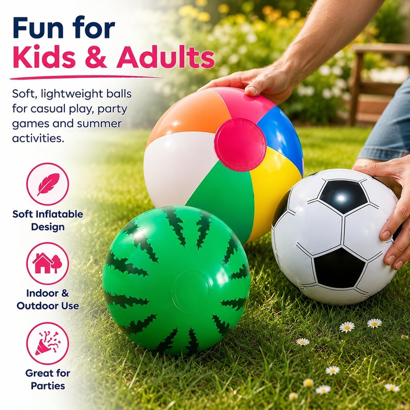 3 Pack Inflatable Beach Balls - Watermelon & Football Designs