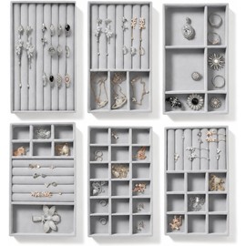 6 PCS Bandejas de Joyería de Terciopelo, Organizadores de Joyas Apilables, Compartimentos para Collares, Aretes, Anillos y Pulseras, Diseño Elegante, Ideal para Tocador y Cajón (Gris)