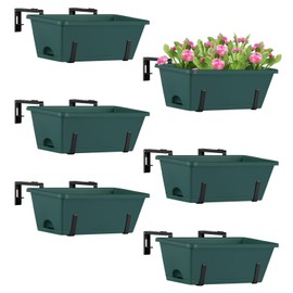 ETELI 6 Pack Deck Railing Planter Boxes with Adjustable Metal Hanging Brackets, Indoor Outdoor Hanging Window Boxes Planters with Drainage Tray for Patio, Lawn, Green & Black