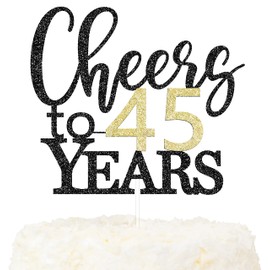 LOVENJOY Decoración para tartas Cheers to 45 Years para decoración de tartas de feliz cumpleaños 45, aniversario, doble cara, negro y dorado