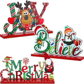 LATERN 3Pcs Christmas Table Decorations, Wooden Tabletop Christmas Sign Merry Christmas Joy Believe Sign Snowman Reindeer Centerpiece for Christmas Holiday Party Indoor Farmhouse Decoration