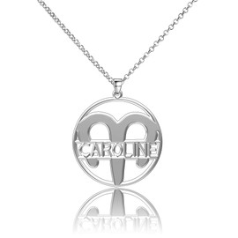 LoEnMe Jewelry Silver Plated Aries Woman Custom Made Engraved Sterling Silver Customized Name Necklace
