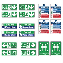 Ultra Durable 16 Pack Fire Safety Signs || 4 x Fire Exit Down, Fire Exit Keep Clear & Fire Action Signs || 2 x Fire Exit Left, Fire Exit Down & Assembly Point Signs