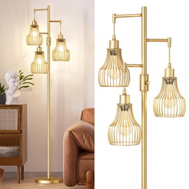 Ziisee Dimmable Gold Floor Lamps for Living Room, 70" Farmhouse Tree Standing Tall Lamps with 3 Elegant Cage Shade & 800 Lumens LED Bulbs for Bedroom Office