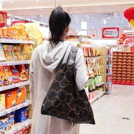 FenFang Large Foldable Shopping Bag, Fabric, Reusable, Reusable Bag, Environmentally Friendly, Foldable Bag, Lightweight, Quick-Drying for Shopping, Travel, Trip, 56 x 67 cm, Black Circle