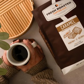 Fresh Roasted Coffee, Decaf Caramel Flavored Coffee, 5 lb (80 oz), Medium Roast, Kosher, Whole Bean