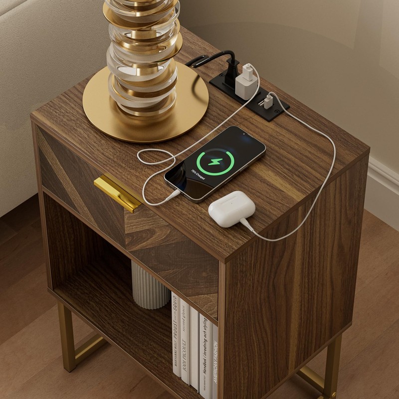 Masupu Nightstand with Charging Station,Modern Night Stand Boho Farmhouse Wood