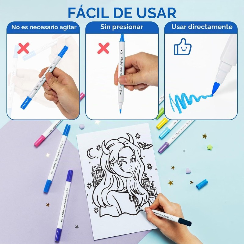 Ohuhu Plumones Acrílicos 72 Colores Doble Punta Pincel y Fina